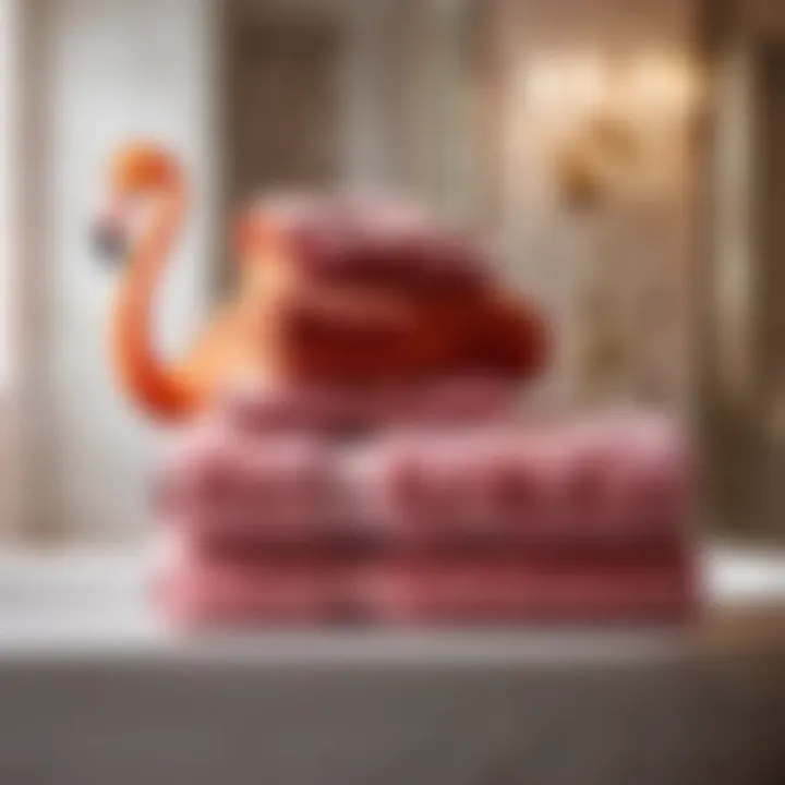 Opulent Pink Flamingo Bath Towels Luxurious pink flamingo bath towels hanging in bathroom