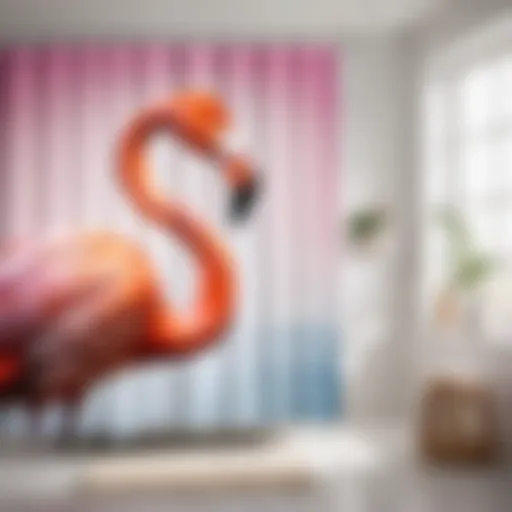 Elegant pink flamingo shower curtain draped in bathroom