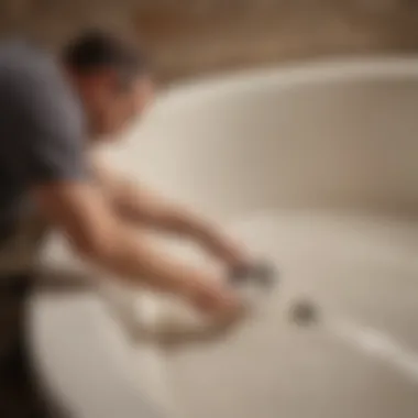 A professional applying refinishing materials to a bathtub