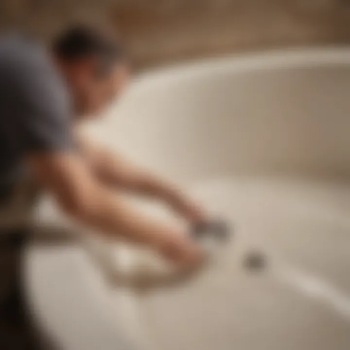 A professional applying refinishing materials to a bathtub