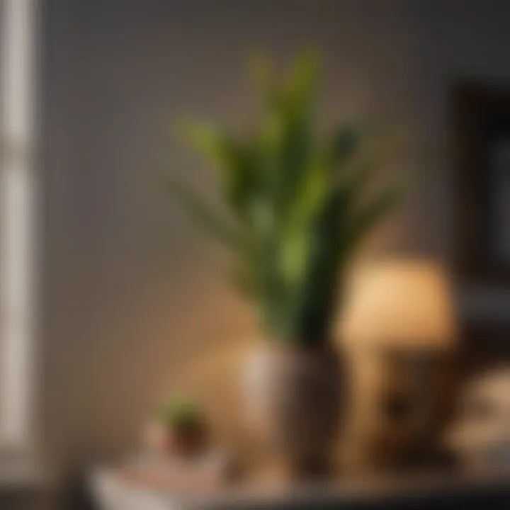 Snake Plant: Resilient and Adaptable A vibrant snake plant thriving in a dimly lit bedroom corner