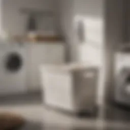 A stylish plastic laundry basket with wheels and a handle in a modern laundry room setting.