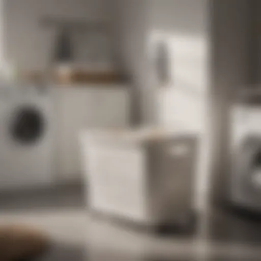 Modern Convenience: Plastic Laundry Basket with Wheels A stylish plastic laundry basket with wheels and a handle in a modern laundry room setting.