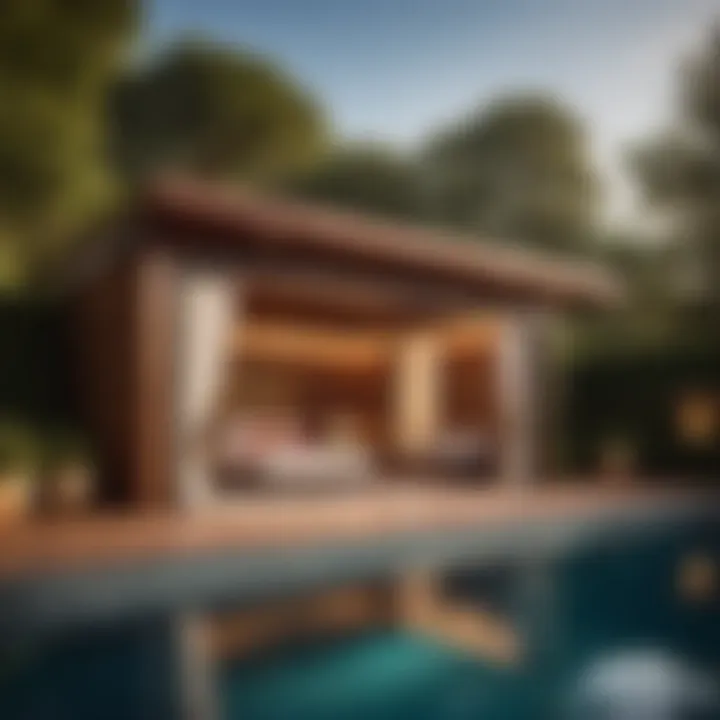 Outdoor view of a prefab pool cabana by the poolside