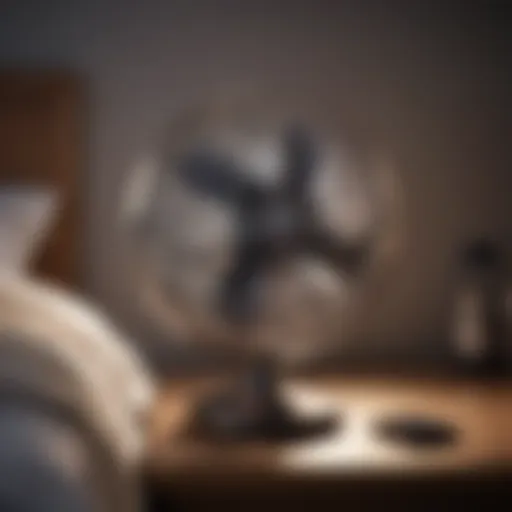 A sleek portable bedroom fan emitting cool air