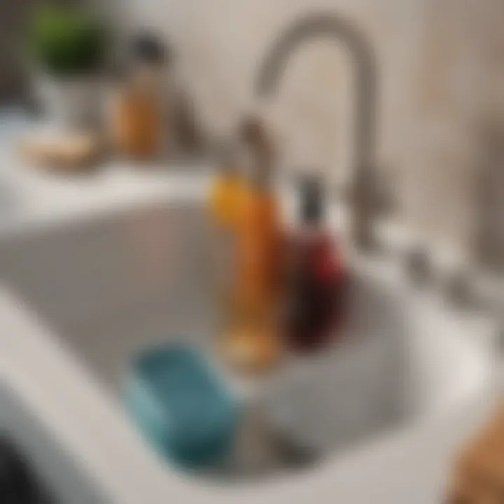 Eco-friendly cleaning tools displayed beside a sink.