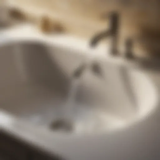 Detailed view of a sink filled with soapy water for laundering clothes.