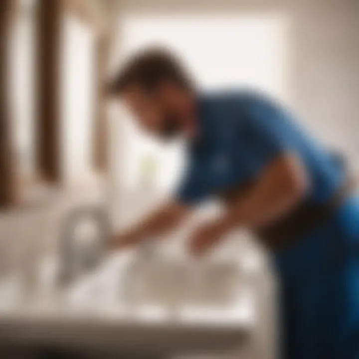 Illustration of a professional plumber fixing a bathroom sink
