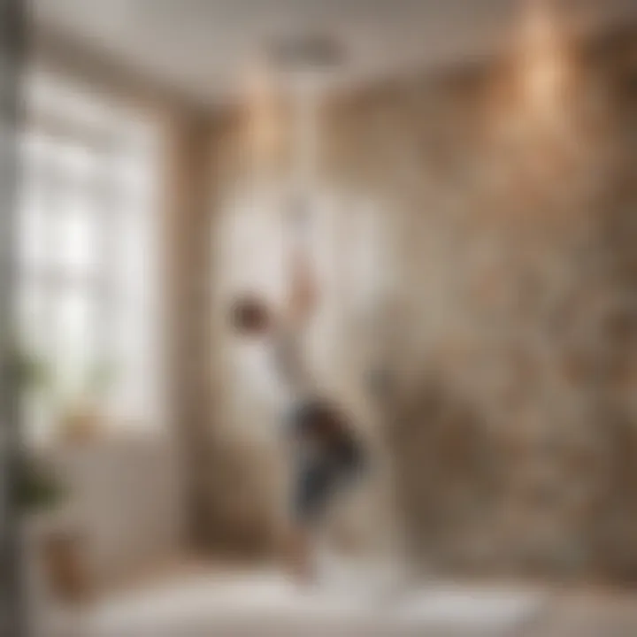 Professional tiler working on shower wall