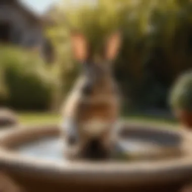 Rabbit exploring bird bath surroundings