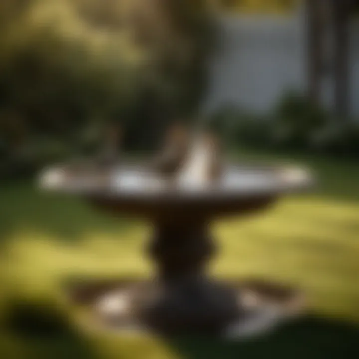 Birds flocking around rabbit and bird bath