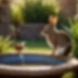 Rabbit gazing at bird bath