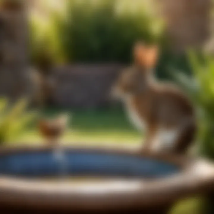 Rabbit gazing at bird bath