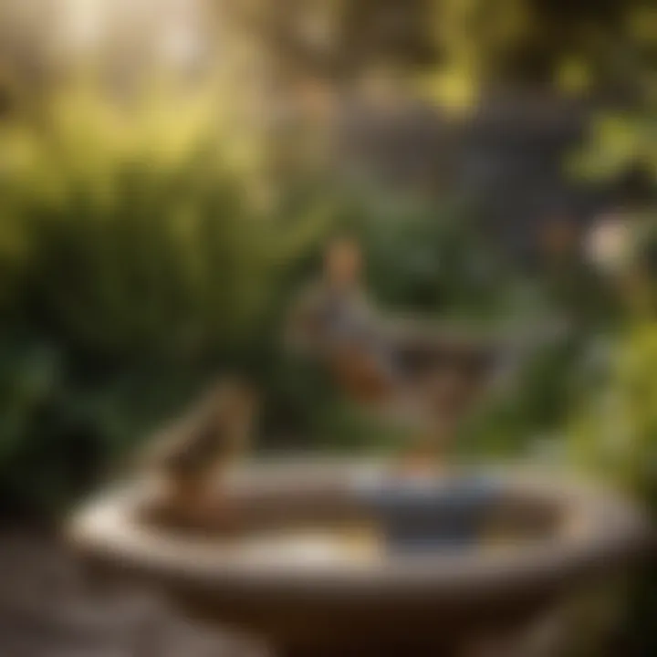 Bird perched near rabbit enjoying bird bath