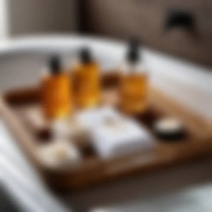 Rattan tray styled with luxury bath products