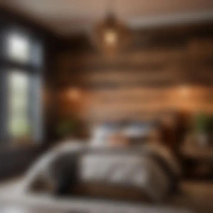 Modern industrial farmhouse bedroom with reclaimed wood furniture and pendant lighting