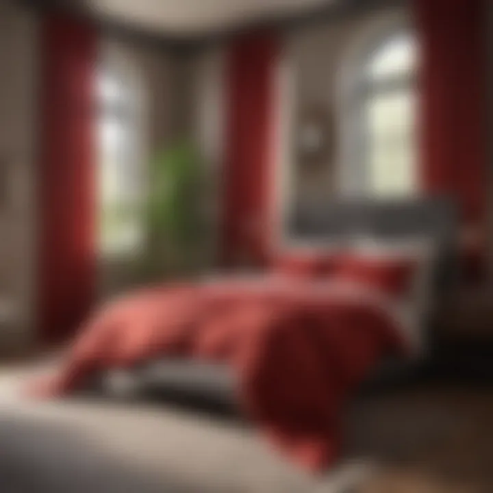 Cozy bedroom featuring red curtains and bedding