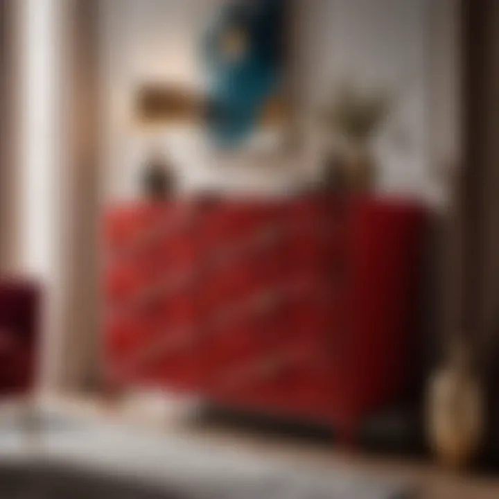 Chic Red Dresser with Abstract Design Elements Contemporary Red Dresser with Geometric Patterns