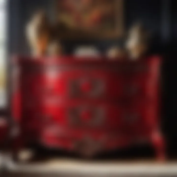 Opulent Red Dresser with Ornate Details Luxurious Red Dresser with Intricate Carvings