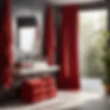 Red Towels Hanging in Bathroom