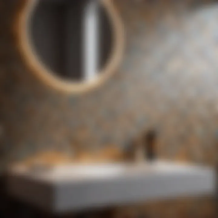 Chic half bathroom with geometric patterned tiles