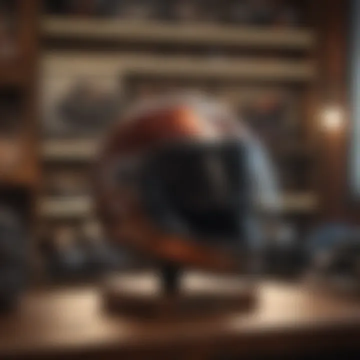 Vintage Inspired Harley Davidson Helmet Display Retro Harley Davidson motorcycle helmet on display shelf