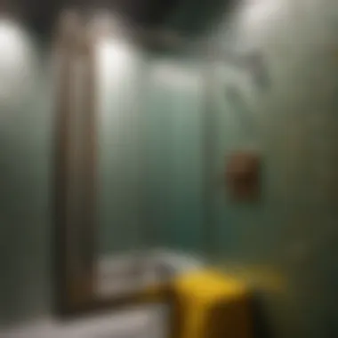 Paint roller applying primer on metal bathroom stall