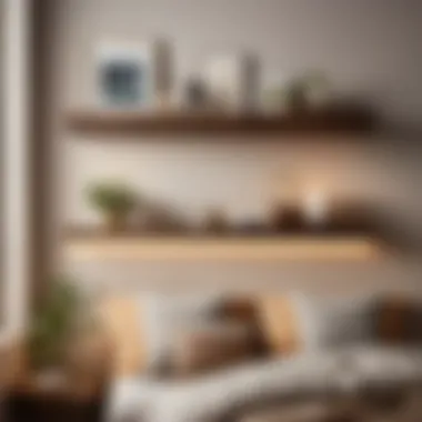 Sleek floating shelves displaying decor items in a cozy bedroom