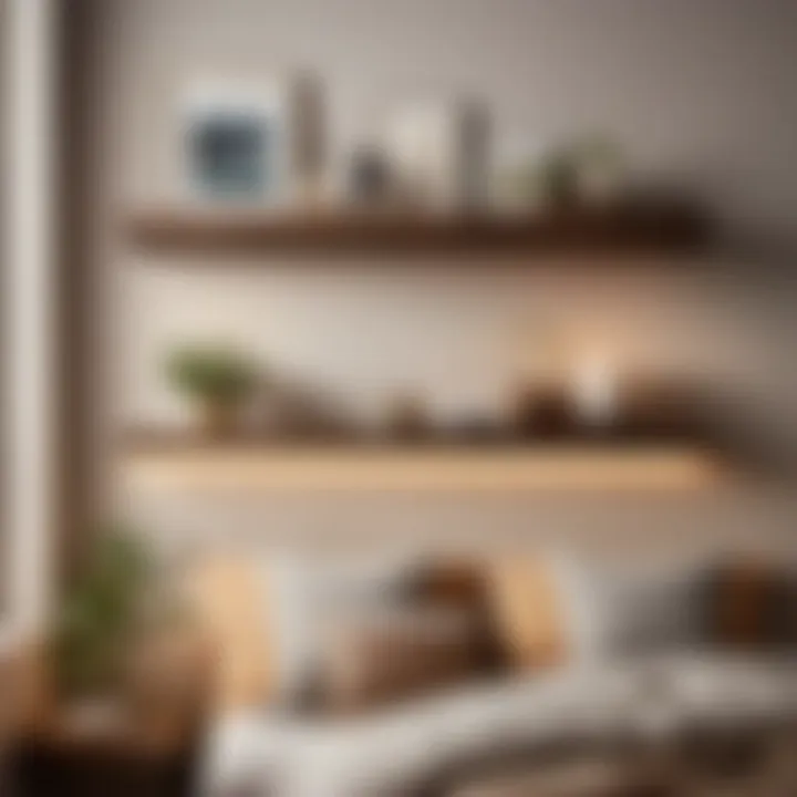 Sleek floating shelves displaying decor items in a cozy bedroom