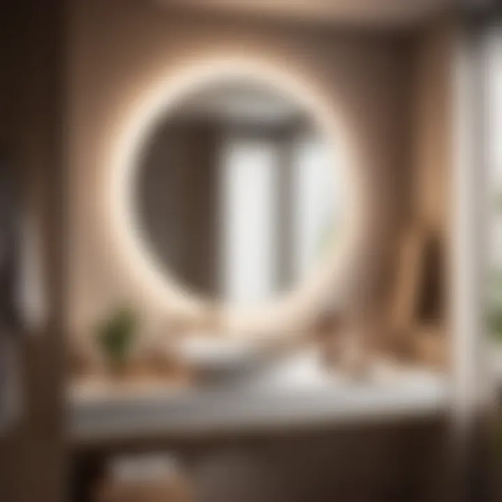 Round bathroom cabinet with mirror emphasizing ambient lighting features