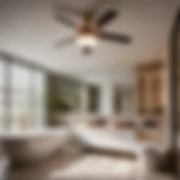 Round bathroom ceiling fan with light in modern bathroom setting