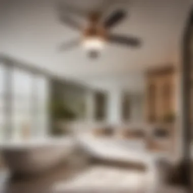 Round bathroom ceiling fan with light in modern bathroom setting