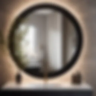 Round black mirror reflecting elegant bathroom decor