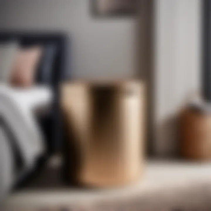 Round laundry hamper with lid adding elegance to bedroom decor