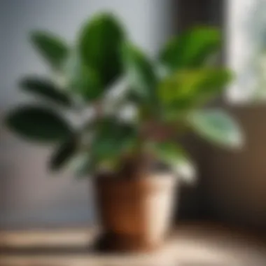 Graceful leaves of a towering rubber plant