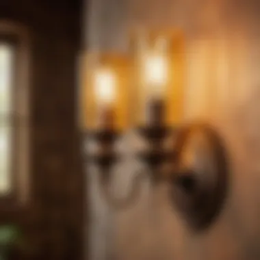 Vintage-inspired vanity sconce casting warm light in a rustic bathroom ambiance