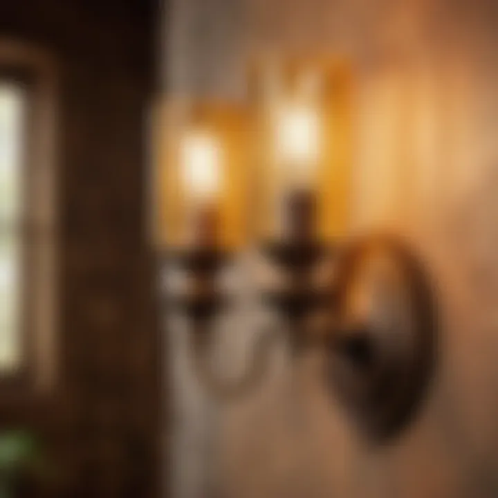 Vintage-inspired vanity sconce casting warm light in a rustic bathroom ambiance