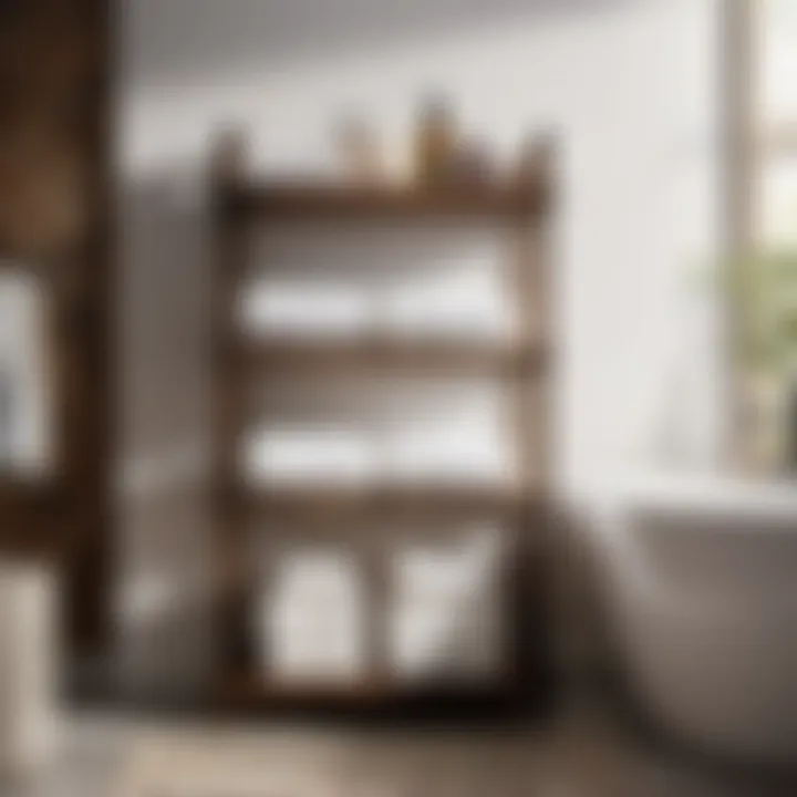 Rustic Elegance in Bathroom Decor Freestanding towel shelf showcasing rustic charm