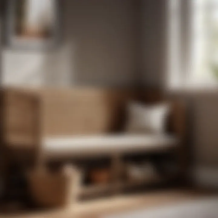 Rustic farmhouse bench with woven texture in bedroom corner