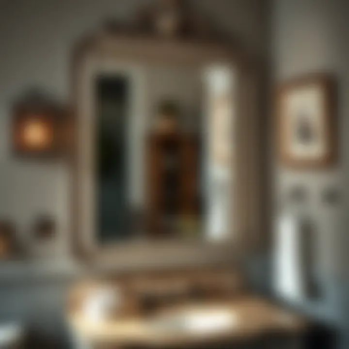 Timeless Charm: Rustic Gray Mirror with Vintage Decor Stylish rustic gray mirror paired with vintage bathroom decor