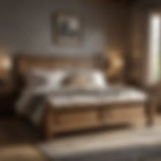 Rustic wooden king size bed in a cozy bedroom