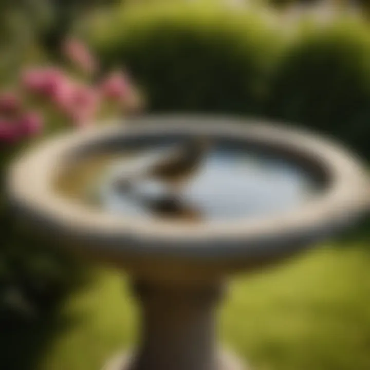 Rustic bird bath top crafted from weathered stone surrounded by blooming flowers