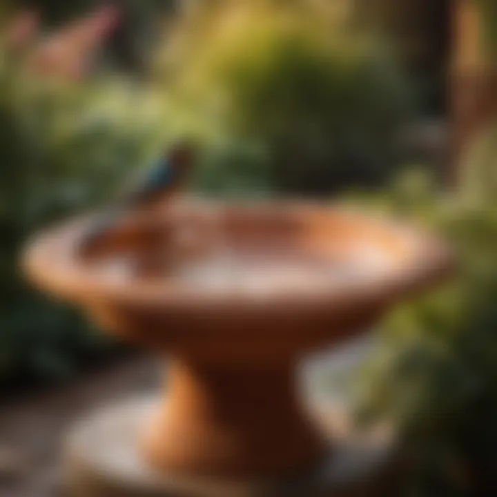 Rustic terracotta bird bath in a garden setting