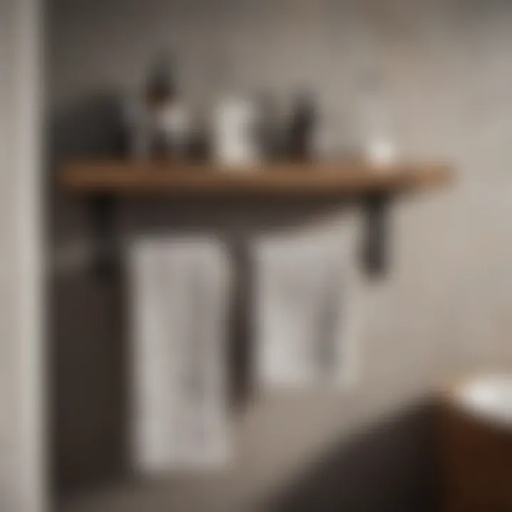 Rustic wooden bathroom shelf featuring a towel bar