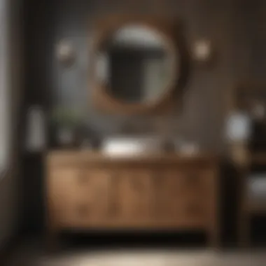 Rustic wooden bathroom vanity cabinet with unique hardware accents