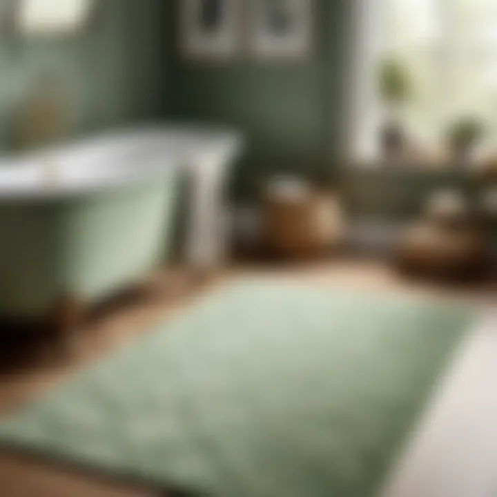 Geometric Sophistication in Sage Green Minimalist sage green bathroom rug set with geometric patterns