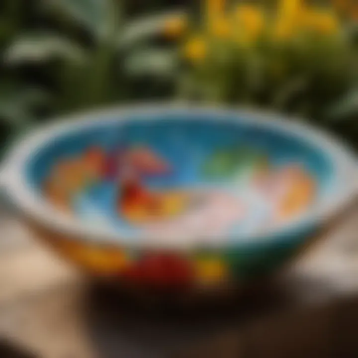 Colorful mosaic ceramic bird bath adding vibrancy to the outdoor space