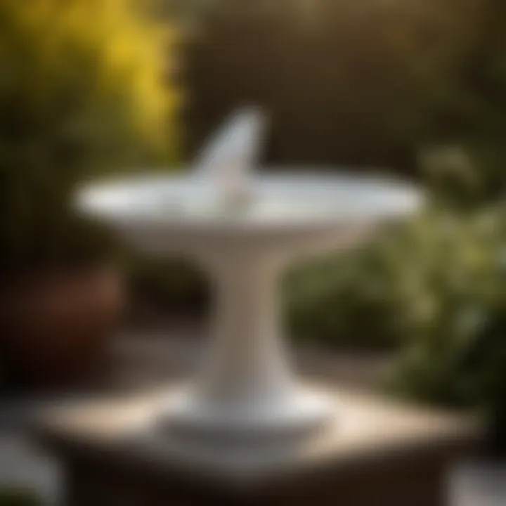 Minimalist white ceramic bird bath in a serene garden setting