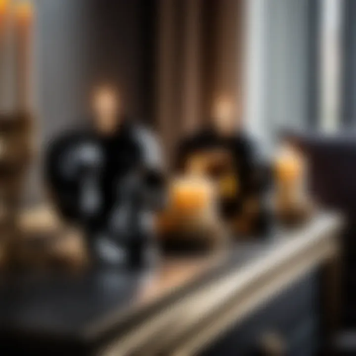 Skull-shaped black candles on a bedside table