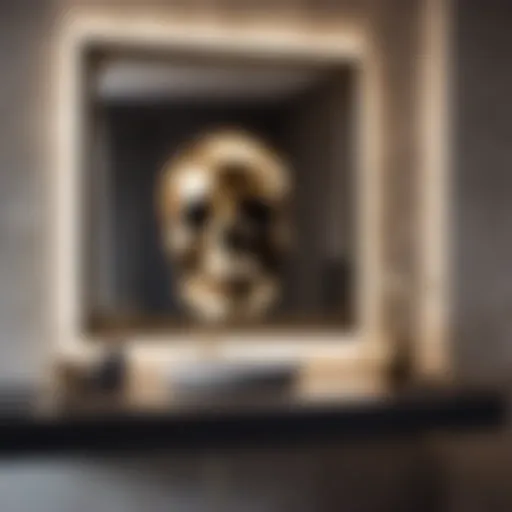 Skull-themed wall art reflecting in a mirror